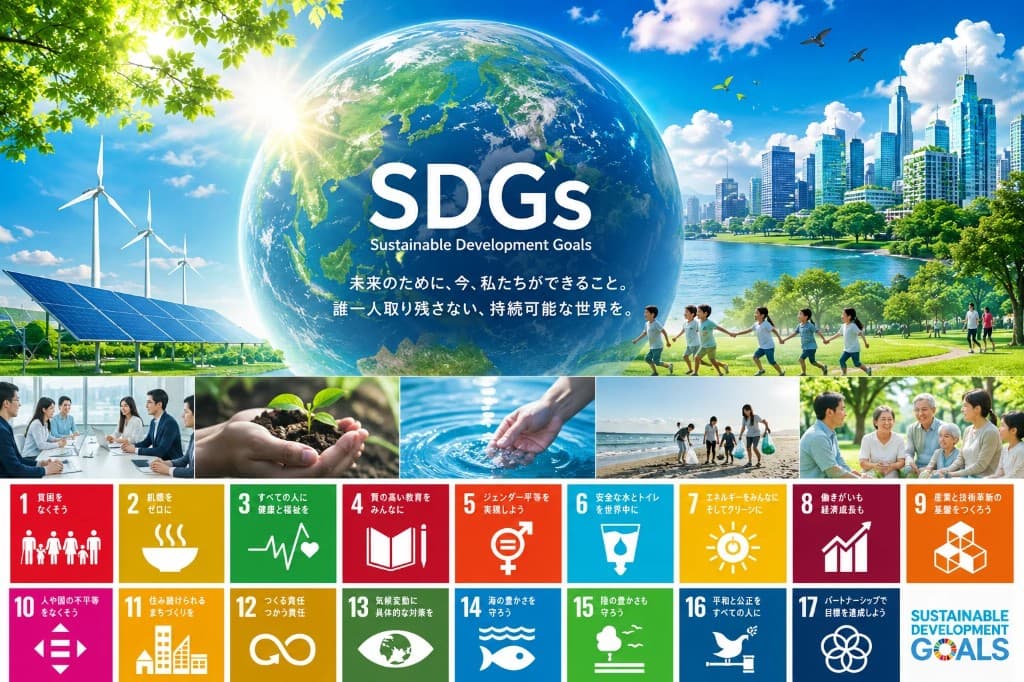 SDGsの17の目標と持続可能な未来を表すビジュアル